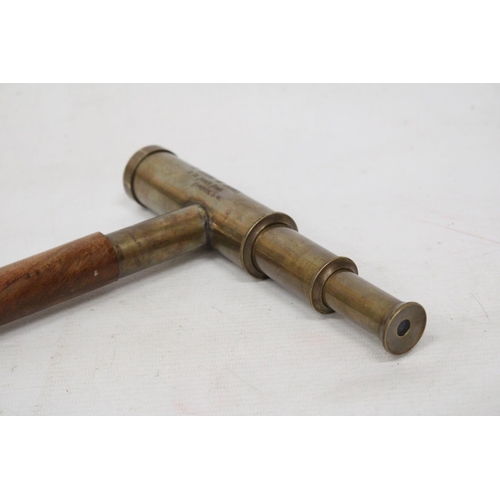 237 - A BRASS AND LEATHER THREE DRAWER TELESCOPE WALKING STICK