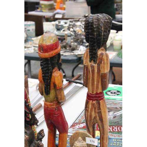 239 - TWO VINTAGE HAND CARVED, PAINTED WOODEN RASTA MEN - TALLEST APPROXIMATELY 57CM HIGH