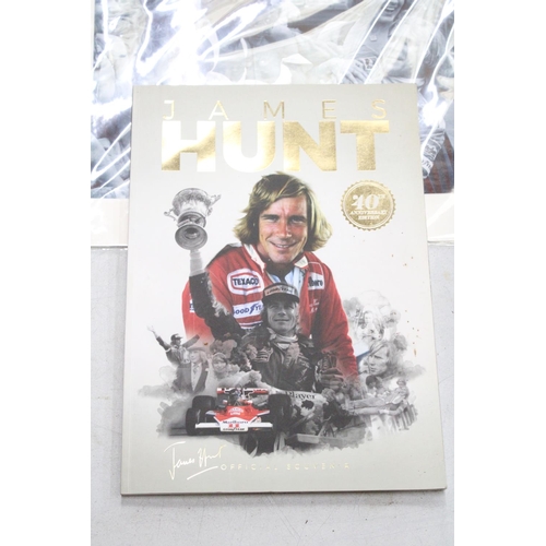 261 - A JAMES HUNT 40TH ANNIVERSARY BOOK PLUS TWO COLOUR PHOTOS - APPROXIMATELY 28CM X 28CM