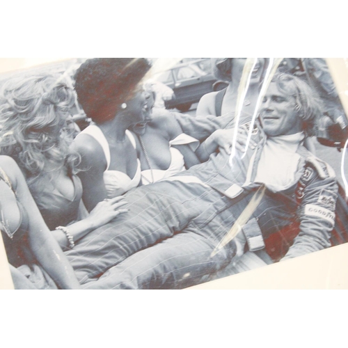 261 - A JAMES HUNT 40TH ANNIVERSARY BOOK PLUS TWO COLOUR PHOTOS - APPROXIMATELY 28CM X 28CM