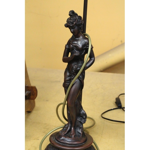 268 - A VINTAGE STYLE TABLE LAMP WITH A SPELTER FIGURE OF A LADY, HEIGHT 62CM