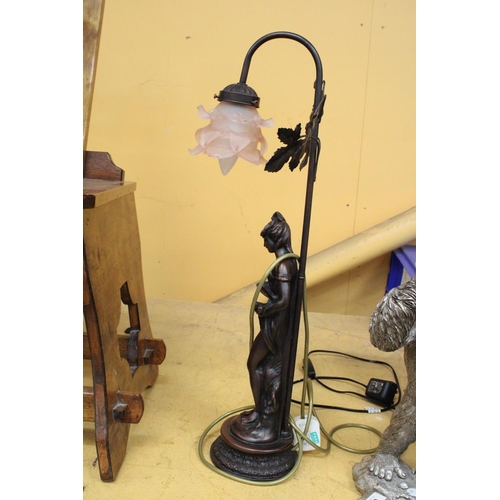 268 - A VINTAGE STYLE TABLE LAMP WITH A SPELTER FIGURE OF A LADY, HEIGHT 62CM