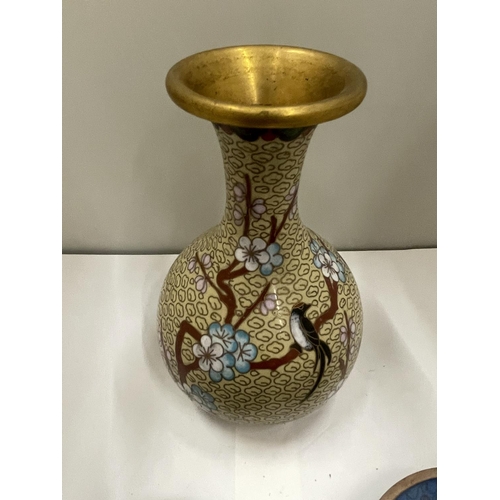 12 - THREE CLOISONNE  ITEMS TO INCLUDE TWO PIN DISHES AND A VASE