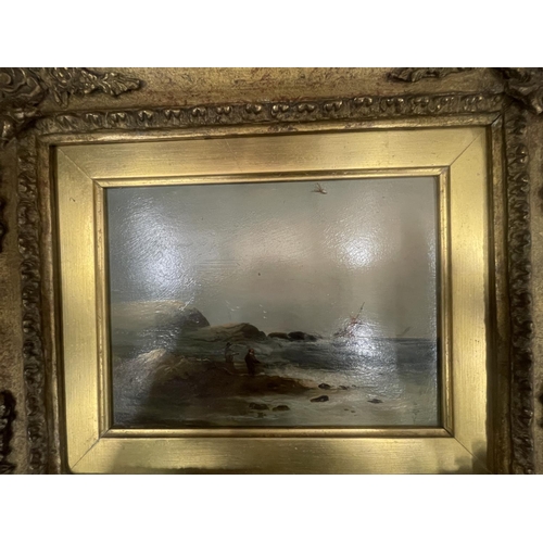 29 - A GILT FRAMED OIL ON BOARD OF A MARITIME POSSIBLY SMUGGLING SCENE INDISTINCT SIGNATURE 14CM X 19CM