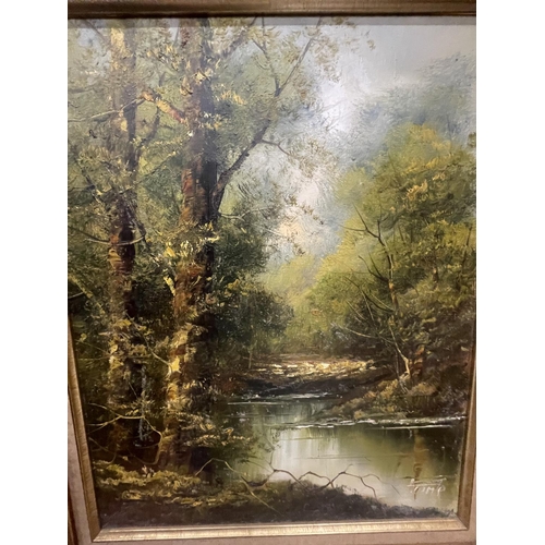 49 - A GILT FRAMED OIL ON CANVAS OF A WOODLAND RIVER SCENE SIGNED TO LOWER RIGHT HAND CORNER 50CM X 40CM