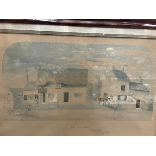 58 - A FRAMED 19TH CENTURY WATERCOLOUR TITLED THE FOX INN AND SMITHY, BOOTH LANE, SANBACH 1872 DETAILED M... 