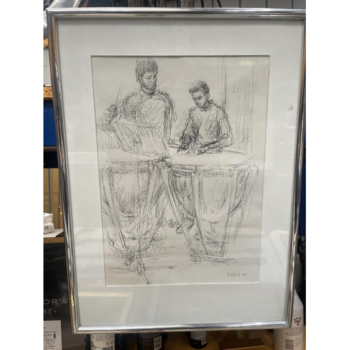 64 - A FRAMED DOROTHY BRADFORD (NANTWICH) BLACK AND WHITE DRAWING OF TWO MEN WITH DRUMS AND A MUSIC STAND... 
