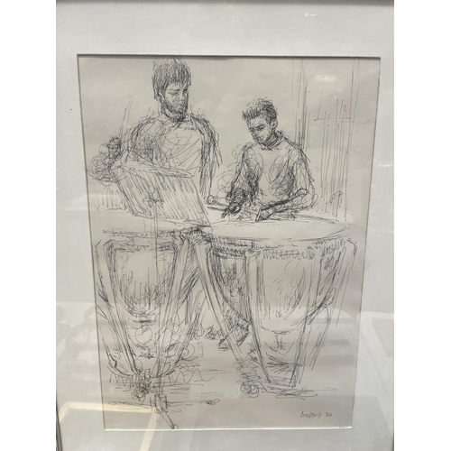 64 - A FRAMED DOROTHY BRADFORD (NANTWICH) BLACK AND WHITE DRAWING OF TWO MEN WITH DRUMS AND A MUSIC STAND... 