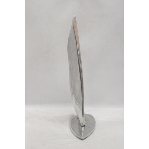 128 - A HOZELTON, CANADA, ALUMINIUM MODERNIST, TWO PIECE SCULPTURE OF A SAILING BOAT, SIGNED TO BASE AND N... 
