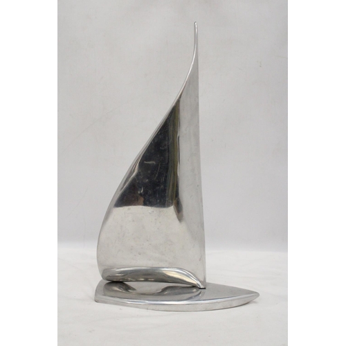 128 - A HOZELTON, CANADA, ALUMINIUM MODERNIST, TWO PIECE SCULPTURE OF A SAILING BOAT, SIGNED TO BASE AND N... 