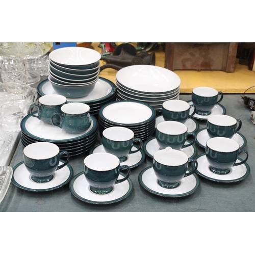 900 - A DENBY DARK GREEN PART DINNER SEVICE, TO INCLUDE VARIOUS SIZES OF PLATES, BOWLS CUPS AND SAUCERS