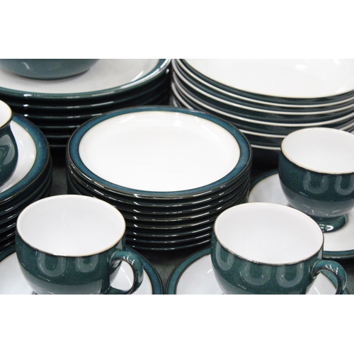 900 - A DENBY DARK GREEN PART DINNER SEVICE, TO INCLUDE VARIOUS SIZES OF PLATES, BOWLS CUPS AND SAUCERS