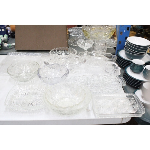 901 - A LARGE QUANTITY OF GLASSWARE TO INCLUDE BOWLS, LARGE VICTORIAN GLASS NIBBLES DISH, ETC