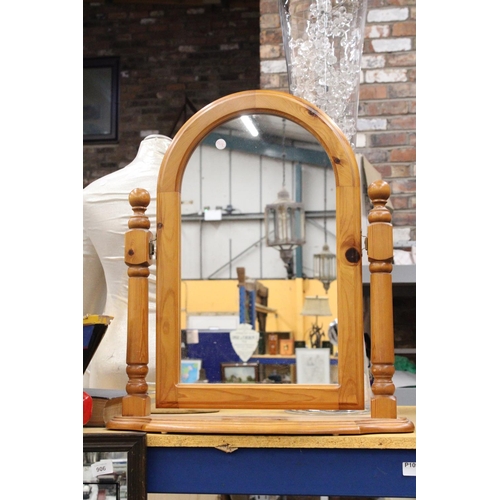 912 - A PINE, SWING DRESSING TABLE MIRROR WITH ARCHED TOP