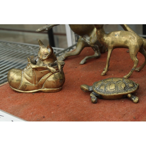 1574 - AN ASSORTMENT OF VINTAGE BRASS ANIMALS TO INCLUDE A REARING HORSE, A DOLPHIN AND A CAT IN A BOOT ETC