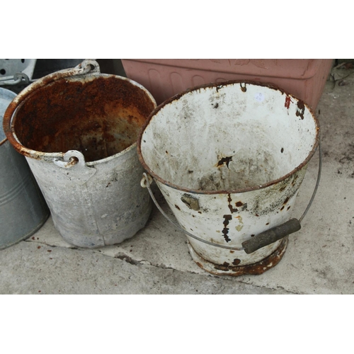 1645 - AN ASSORTMENT OF ITEMS TO INCLUDE VINTAGE GALVANISED BUCKETS, A WATERING CAN AND TWO METAL MOP BUCKE... 