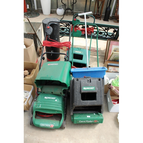 1756 - TWO QUALCAST ELECTRIC LAWN MOWERS, A SEEDER AND A QUALCAST LAWN RAKER