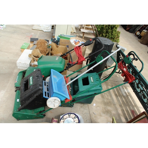 1756 - TWO QUALCAST ELECTRIC LAWN MOWERS, A SEEDER AND A QUALCAST LAWN RAKER