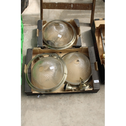 1767 - THREE RETRO CEILING LIGHT FITTINGS WITH GLASS SHADES