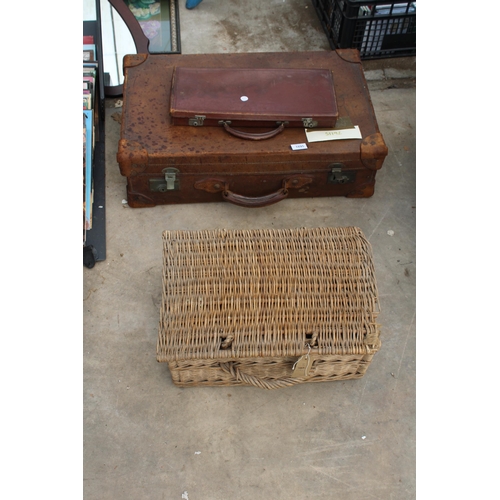 1895 - TWO VINTAGE TRAVEL CASES AND A WICKER BASKET