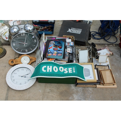 1905 - AN ASSORTMENT OF ITEMS TO INCLUDE PICTURE FRAMES, CLOCKS AND CDS ETC