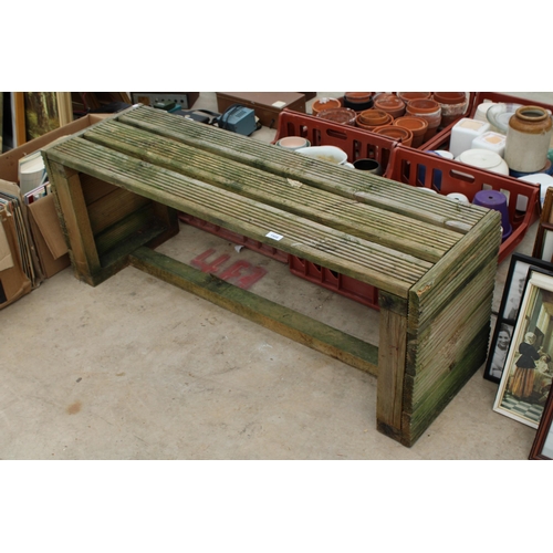 1908 - A HAND MADE WOODEN SLATTED GARDEN BENCH