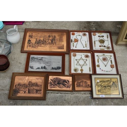 1911 - AN ASSORTMENT OF FRAMED COPPER ETCHINGS AND ABSTRACT IMAGES ETC