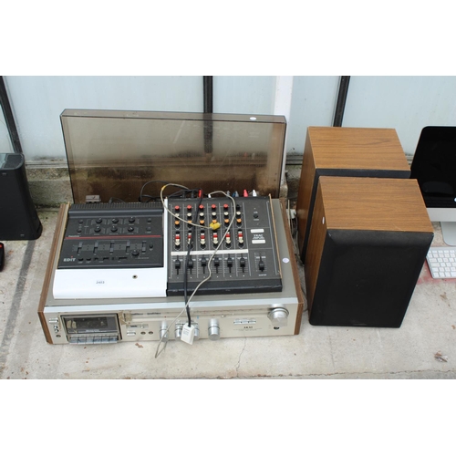 2403 - AN AKAI STEREO SYSTEM WITH MODEL 2A AUDIO MIXER AND A PAIR OF WOODEN CASED SOLAVOX SPEAKERS ETC