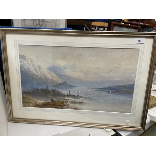 76 - A FRAMED WATERCOLOUR OF A LAKE SCENE SIGNED TO LOWER LEFT HAND CORNER 37.5CM X 57CM