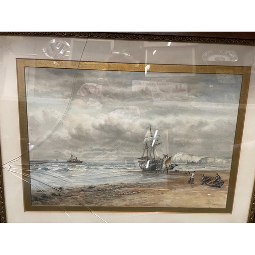 77 - TWO DECORATIVE FRAMED AND GLAZED (ONE A/F) WATERCOLOURS OF COASTAL AND SHIP SCENES SIGNED TO LOWER L... 
