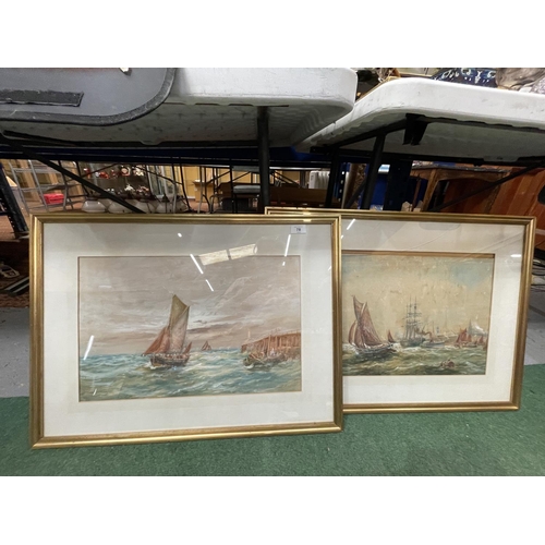 78 - TWO FRAMED WATERCOLOURS OF SHIP AND GALLEONS 50CM X 70CM (ONE GLASS A/F)