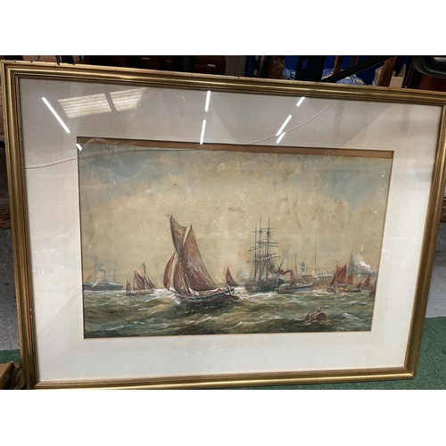 78 - TWO FRAMED WATERCOLOURS OF SHIP AND GALLEONS 50CM X 70CM (ONE GLASS A/F)