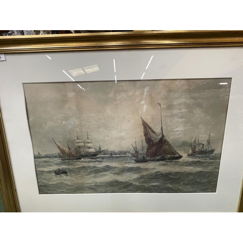 79 - A FRAMED PRINT OF A GALLEON AND SHIPPING SCENE SIGNED TO THE LOWER RIGHT HAND CORNER 62CM X 94CM