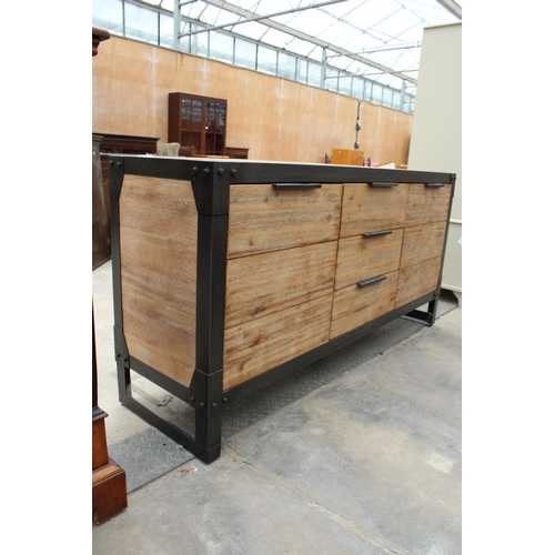 2853 - A MODERN LANDIA STYLE INDUSTRIAL LOOK SIDEBOARD WITH BLACK METAL FRAME, ENCLOSING THREE DRAWERS AND ... 