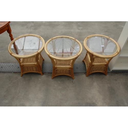 2857 - THREE MODERN BAMBOO AND WICKER TWO TIER LAMP TABLES, 20