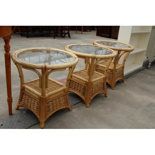 2857 - THREE MODERN BAMBOO AND WICKER TWO TIER LAMP TABLES, 20