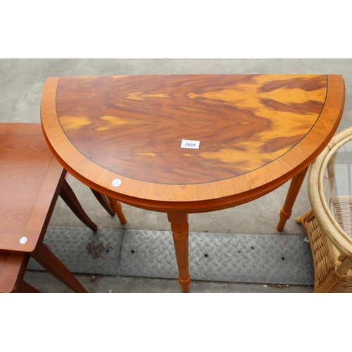 2858 - A MODERN DEMI-LUNE YEW WOOD HALL TABLE AND NEST OF THREE INLAID CHERRY WOOD TABLES