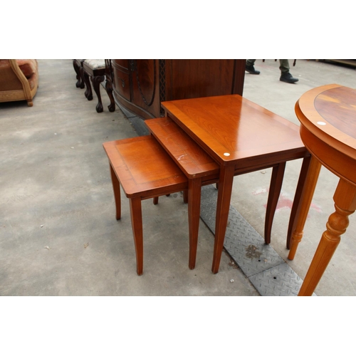 2858 - A MODERN DEMI-LUNE YEW WOOD HALL TABLE AND NEST OF THREE INLAID CHERRY WOOD TABLES