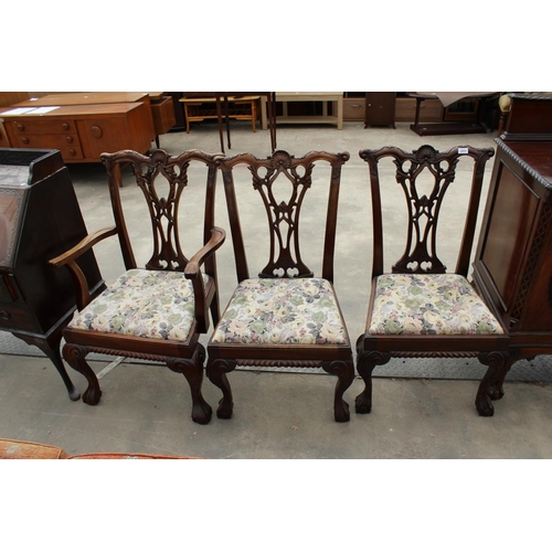 2860 - A PAIR OF MAHOGANY CHIPPENDALE STYLE DINING CHAIRS AND MATCHING CARVER CHAIR