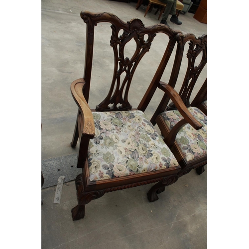 2860 - A PAIR OF MAHOGANY CHIPPENDALE STYLE DINING CHAIRS AND MATCHING CARVER CHAIR