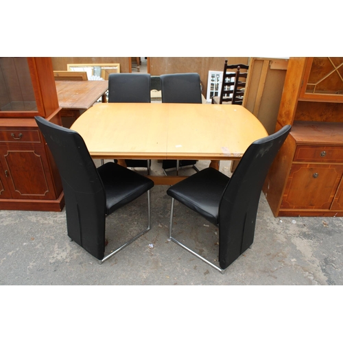 2870 - A MODERN HARDWOOD EXTENDING DINING TABLE AND FOUR BLACK FAUX LEATHER CHAIRS