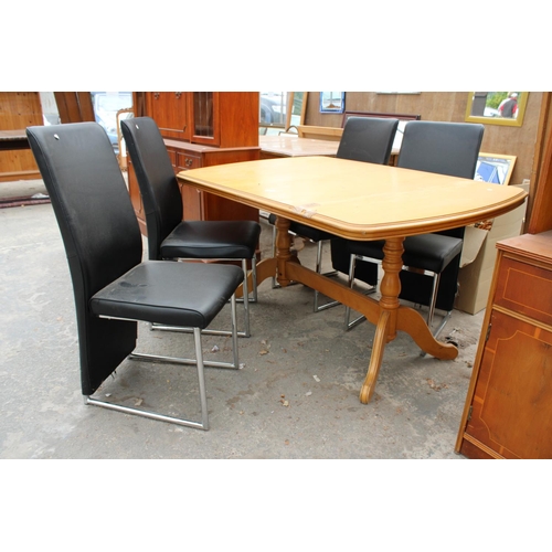 2870 - A MODERN HARDWOOD EXTENDING DINING TABLE AND FOUR BLACK FAUX LEATHER CHAIRS