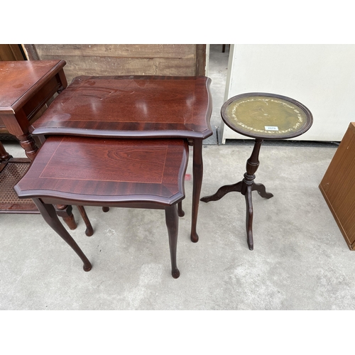 2879 - A LEATHER TOPPED MAHOGANY WINE TABLE, NEST OF TWO TABLES, OCCASIONAL TABLE AND LEATHER TOPPED RECORD... 