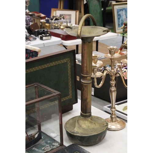 226 - A PLATED TABLE CANDALABRA PLUS A ART DECO HEAVY BRASS COLUMN ASHTRAY