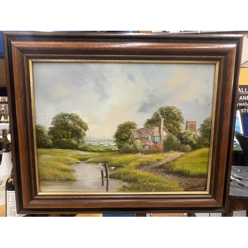 18 - A WOODEN FRAMED OIL ON BOARD OF A COUNTRYSIDE SCENE SIGNED POOLE TO THE LOWER RIGHT HAND CORNER 29.5... 