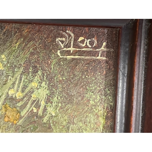 28 - A WOODEN FRAMED OIL ON BOARD OF A COUNTRYSIDE SCENE SIGNED POOLE TO THE LOWER RIGHT HAND CORNER 24CM... 