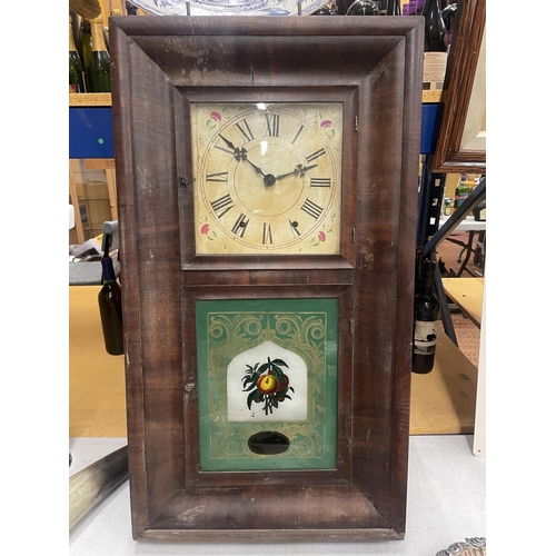 38 - AN ANSONIA CLOCK CO. DECORATIVE WALL CLOCK WITH A DECORATIVE FACE AND TWO GLASS DOORS ONE WITH PAINT... 