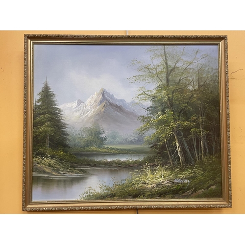 50 - A GILT FRAMED OIL ON BOARD OF A MOUNTAINOUS, WOODLAND, LAKE SCENE SIGNED TO THE RIGHT HAND CORNER HE... 