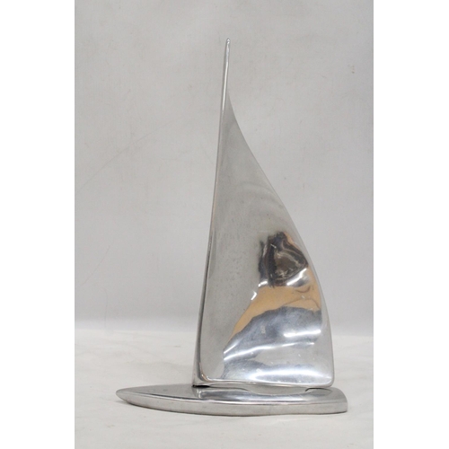 128 - A HOZELTON, CANADA, ALUMINIUM MODERNIST, TWO PIECE SCULPTURE OF A SAILING BOAT, SIGNED TO BASE AND N... 