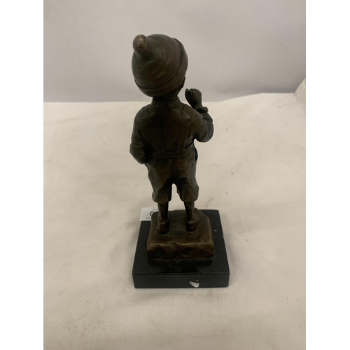 200 - A BRONZE BOY SMOKING A CIGAR ON A MARBLE BASE - SIGNED